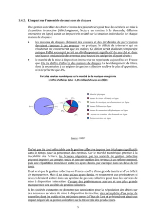 3.4.2. L’impact sur l’ensemble des maisons de disques 
Une gestion collective des droits voisins des producteurs pour tous les services de mise à 
disposition  interactive  (téléchargement,  lecture  en  continu  à  la  demande,  diffusion 
interactive en ligne) aurait un impact très relatif sur la situation individuelle de chaque 
maison de disques : 
les  maisons  de  disques  obtenant  des  avances  et  des  dividendes  de  participation 
devraient  renoncer  à  ces  revenus :  en  pratique,  le  déficit  de  trésorerie  qui  en 
résulterait ne concernerait  que les  majors. Ce déficit serait d’ailleurs temporaire 
puisque l’effet escompté serait un développement significatif du marché et donc 
une hausse tendancielle des revenus pour toutes les catégories d’ayant‐droits ; 
le marché de la mise à disposition interactive ne représente aujourd’hui en France 
que 6% du chiffre d’affaires des maisons de disques. Le téléchargement de titres, 
dont la soumission à un régime de gestion collective soulève le plus d’opposition, 
n’en représente que 2%. 
Part des services numériques sur le marché de la musique enregistrée  
(chiffre d’affaires total : 1,05 milliard d’euros en 2008) 
94%
2%
1%
1%
1% 0%
1%
6%
Marché physique
Vente de titres à l'unité en ligne
Vente de musique par abonnement en ligne
Vente d'albums en ligne
Vente de sonneries téléphoniques en ligne
Lecture en continu à la demande en ligne
Autres services en ligne
 
Source : SNEP. 
 
Il n’est pas du tout inéluctable que la gestion collective impose des décalages significatifs 
dans le temps pour la perception des revenus. Sur le marché numérique, propice à la 
traçabilité  des  fichiers,  les  licences  négociées  par  les  sociétés  de  gestion  collective 
peuvent imposer un compte rendu et une perception des revenus à un rythme mensuel, 
puis une répartition immédiate entre les ayant‐droits, par exemple dans un délai de 60 
jours. 
Il est vrai que la gestion collective en France souffre d’une grande inertie et d’un déficit 
de transparence. Mais il ne tient qu’aux ayant‐droits, et notamment aux producteurs si 
ceux‐ci devaient entrer dans un système de gestion collective pour tous les services de 
mise  à  disposition  interactive,  d’exiger  des  performances  accrues  et  une  plus  grande 
5 
transparence des sociétés de gestion collective. 
Si les sociétés existantes ne donnent pas satisfaction pour la négociation des droits sur 
ces nouveaux services de mise à disposition interactive,  rien n’empêche  d’en créer de 
nouvelles dont les outils et les méthodes seront à l’état de l’art et préviendront ainsi tout 
impact négatif de la gestion collective sur la trésorerie des producteurs. 
 
 