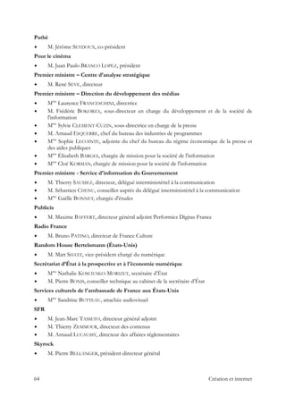 Pathé
M. Jérôme SEYDOUX, co-président
Pour le cinéma
M. Juan Paulo BRANCO LOPEZ, président
Premier ministre – Centre d’analyse stratégique
M. René SEVE, directeur
Premier ministre – Direction du développement des médias
Mme
Laurence FRANCESCHINI, directrice
M. Frédéric BOKOBZA, sous-directeur en charge du développement et de la société de
l'information
Mme
Sylvie CLEMENT-CUZIN, sous-directrice en charge de la presse
M. Arnaud ESQUERRE, chef du bureau des industries de programmes
Mme
Sophie LECOINTE, adjointe du chef du bureau du régime économique de la presse et
des aides publiques
Mme
Élisabeth BARGES, chargée de mission pour la société de l'information
Mme
Cloé KORMAN, chargée de mission pour la société de l'information
Premier ministre - Service d'information du Gouvernement
M. Thierry SAUSSEZ, directeur, délégué interministériel à la communication
M. Sébastien CHENU, conseiller auprès du délégué interministériel à la communication
Mme
Gaëlle BONNET, chargée d'études
Publicis
M. Maxime BAFFERT, directeur général adjoint Performics Digitas France
Radio France
M. Bruno PATINO, directeur de France Culture
Random House Bertelsmann (États-Unis)
M. Matt SHATZ, vice-président chargé du numérique
Secrétariat d’État à la prospective et à l'économie numérique
Mme
Nathalie KOSCIUSKO-MORIZET, secrétaire d’État
M. Pierre BONIS, conseiller technique au cabinet de la secrétaire d’État
Services culturels de l'ambassade de France aux États-Unis
Mme
Sandrine BUTTEAU, attachée audiovisuel
SFR
M. Jean-Marc TASSETO, directeur général adjoint
M. Thierry ZEMMOUR, directeur des contenus
M. Arnaud LUCAUSSY, directeur des affaires réglementaires
Skyrock
M. Pierre BELLANGER, président-directeur général
64 Création et internet
 