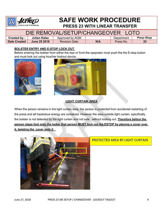 1000 TON TRANSFER PRESS SAFE WORK PROCEDURE ;DIE SETUP/CHANGEOVER PDF