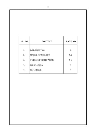 2 
SL. NO 
CONTENT 
PAGE NO 
1. 
2. 
3. 
4. 
5. 
INTRODUCTION 
MAJOR CATEGORIES 
TYPES OF FISH FARMS 
CONCLUSION 
REFERENCE 
3 
3-4 
4-6 
6 
7 
 