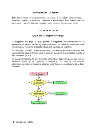DESARROLLO TEMÁTICO
El fin de este informe es dar al conocimiento de los flujos y sus símbolos correspondientes
Constantes, variables, acumuladores, contadores e identificadores. Para conocer acerca de
que es pseint y saber lo siguientes comandos: según, mientras, Repetir, para y función
TEMAS DE TRABAJO
1.¿Qué son los diagramas de flujo?
El diagrama de flujo o flujo grama o diagrama de actividades es la
representación gráfica de un algoritmo o proceso. Se utiliza en disciplinas como
programación, economía, procesos industriales y psicología cognitiva.
En Lenguaje Unificado de Modelado (UML), es un diagrama de actividades que
representa los flujos de trabajo paso a paso. Un diagrama de actividades muestra el
flujo de control general.
En SysML el diagrama ha sido extendido para indicar flujos entre pasos que mueven
elementos físicos (p. ej., gasolina) o energía (p. ej., presión). Los cambios
adicionales permiten al diagrama soportar mejor flujos de comportamiento y datos
continuos.
1.2 explicación de símbolos
 