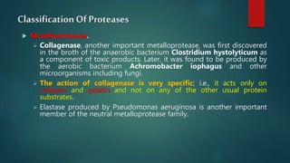 Classification Of Proteases
 Metalloproteases.
 Collagenase, another important metalloprotease, was first discovered
in the broth of the anaerobic bacterium Clostridium hystolyticum as
a component of toxic products. Later, it was found to be produced by
the aerobic bacterium Achromobacter iophagus and other
microorganisms including fungi.
 The action of collagenase is very specific; i.e., it acts only on
collagen and gelatin and not on any of the other usual protein
substrates.
 Elastase produced by Pseudomonas aeruginosa is another important
member of the neutral metalloprotease family.
 