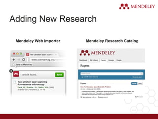 Adding New Research
Mendeley Web Importer Mendeley Research Catalog
 
