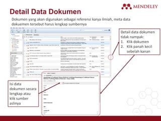Detail Data Dokumen
Dokumen yang akan digunakan sebagai referensi karya ilmiah, meta data
dokuemen tersebut harus lengkap sumbernya
Detail data dokumen
tidak nampak:
1. Klik dokumen
2. Klik panah kecil
sebelah kanan
Isi data
dokumen secara
lengkap atau
klik sumber
aslinya
 