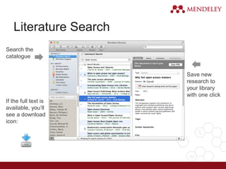 Literature Search
Search the
catalogue
If the full text is
available, you’ll
see a download
icon:
Save new
research to
your library
with one click
 