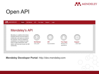 Open API
Mendeley Developer Portal: http://dev.mendeley.com
 