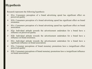 Hypothesis
Research represents the following hypothesis:
 H1a: Consumers perception of a brand advertising spend has significant effect on
perceived quality
 H1b: Consumers perception of a brand advertising spend has significant effect on brand
awareness
 H1c: Consumers perception of a brand advertising spend has significant effect on brand
association.
 H2a: Individual attitude towards the advertisement undertaken for a brand have a
influence on perceived quality
 H2b: Individual attitude towards the advertisement undertaken for a brand have a
influence on brand awareness.
 H2c: Individual attitude towards the advertisement undertaken for a brand have a
significant influence on brand associations
 H3a. Consumer perceptions of brand monetary promotions have a insignificant effect
perceived quality.
 H3b: Consumers perceptions of brand monetary promotions have a insignificant influence
on brand associations
 