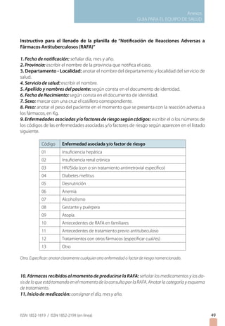 Anexos
GUIA PARA EL EQUIPO DE SALUD
ISSN 1852-1819 / ISSN 1852-219X (en línea)
Instructivo para el llenado de la planilla de “Notificación de Reacciones Adversas a
Fármacos Antituberculosos (RAFA)”
1. Fecha de notificación: señalar día, mes y año.
2. Provincia: escribir el nombre de la provincia que notifica el caso.
3. Departamento - Localidad: anotar el nombre del departamento y localidad del servicio de
salud.
4. Servicio de salud: escribir el nombre.
5. Apellido y nombres del paciente: según consta en el documento de identidad.
6. Fecha de Nacimiento: según consta en el documento de identidad.
7. Sexo: marcar con una cruz el casillero correspondiente.
8. Peso: anotar el peso del paciente en el momento que se presenta con la reacción adversa a
los fármacos, en Kg.
9. Enfermedades asociadas y/o factores de riesgo según códigos: escribir el o los números de
los códigos de las enfermedades asociadas y/o factores de riesgo según aparecen en el listado
siguiente.
Otro. Especificar: anotar claramente cualquier otra enfermedad o factor de riesgo nomencionado.
10. Fármacos recibidos al momento de producirse la RAFA: señalar los medicamentos y las do-
sis de lo que está tomando en el momento de la consulta por la RAFA. Anotar la categoría y esquema
de tratamiento.
11. Inicio de medicación: consignar el día, mes y año.
Código Enfermedad asociada y/o factor de riesgo
01 Insuficiencia hepática
02 Insuficiencia renal crónica
03 HIV/Sida (con o sin tratamiento antirretrovial específico)
04 Diabetes mellitus
05 Desnutrición
06 Anemia
07 Alcoholismo
08 Gestante y puérpera
09 Atopía
10 Antecedentes de RAFA en familiares
11 Antecedentes de tratamiento previo antitubeculoso
12 Tratamientos con otros fármacos (especificar cual/es)
13 Otro
49
 