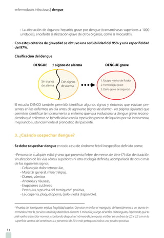 enfermedades infecciosas | dengue
• La afectación de órganos: hepatitis grave por dengue (transaminasas superiores a 1000
unidades), encefalitis o afectación grave de otros órganos, como la miocarditis.
Con estos criterios de gravedad se obtuvo una sensibilidad del 95% y una especificidad
del 97%.
Clasificación del dengue
	 DENGUE ± signos de alarma DENGUE grave
	
	
		
El estudio DENCO también permitió identificar algunos signos y síntomas que estaban pre-
sentes en los enfermos un día antes de agravarse (signos de alarma - ver página siguiente) que
permiten identificar tempranamente al enfermo que va a evolucionar a dengue grave, recono-
ciendo qué enfermos se beneficiarían con la reposición precoz de líquidos por vía intravenosa,
mejorando sustancialmente el pronóstico del paciente.
3. ¿Cuándo sospechar dengue?
Se debe sospechar dengue en todo caso de síndrome febril inespecífico definido como:
• Persona de cualquier edad y sexo que presenta fiebre, de menos de siete (7) días de duración
sin afección de las vías aéreas superiores ni otra etiología definida, acompañada de dos o más
de los siguientes signos:
- Cefalea y/o dolor retroocular,
- Malestar general, mioartralgias,
- Diarrea, vómitos
- Anorexia y náuseas,
- Erupciones cutáneas,
- Petequias o prueba del torniquete2
positiva,
- Leucopenia, plaquetopenia, (solo si está disponible).
2
Prueba del torniquete: evalúa fragilidad capilar. Consiste en inflar el manguito del tensiómetro a un punto in-
termedio entre la presión sistólica y diastólica durante 5 minutos y luego desinflar el manguito, esperando que la
piel vuelva a su color normal y contando después el número de petequias visibles en un área de 2,5 x 2,5 cm en la
superficie ventral del antebrazo. La presencia de 20 o más petequias indica una prueba positiva.
12
Sin signos
de alarma
Con signos
de alarma
1. Escape masivo de fluidos
2. Hemorragia grave
3. Daño grave de órgano/s
 