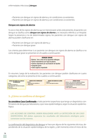 enfermedades infecciosas | dengue
• Paciente con dengue sin signos de alarma y sin condiciones co-existentes.
• Paciente con dengue sin signos de alarma y con condiciones co-existentes.
Dengue con signos de alarma:
Si uno o más de los signos de alarma que se mencionaron antes está presente, el paciente con
dengue se clasifica como dengue con signos de alarma y es necesario referirlo a un Hospital.
Según la presencia o no de determinados signos, los pacientes con dengue con signos de
alarma pueden clasificarse en:
• Paciente con dengue con signos de alarma, y
• Paciente con dengue grave
Los criterios para determinar si un paciente con dengue con signos de alarma se clasifica o no
como dengue grave se presentan en el cuadro a continuación:
En resumen, luego de la evaluación, los pacientes con dengue podrán clasificarse en cuatro
categorías, tal como se presenta en los cuadros a continuación:
5. ¿Cómo se confirma el dengue?
Se considera Caso Confirmado a todo paciente sospechoso que tenga un diagnóstico con-
firmatorio de dengue por laboratorio, o por nexo epidemiológico, según la situación epidemio-
lógica.
La confirmación del diagnóstico de dengue se hace por alguna de las siguientes técnicas, de-
pendiendo de la situación epidemiológica de la región, y del momento entre el inicio de los
14
LAS ACCIONES DE CONTROL DEBEN REALIZARSE ANTE LA DETECCIÓN DE UN CASO
SOSPECHOSO, NO deben esperarse los resultados del laboratorio etiológico para
comenzar con las mismas.
 