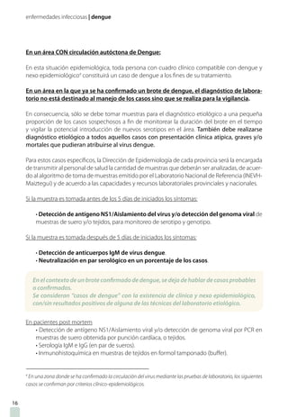 enfermedades infecciosas | dengue
16
En un área CON circulación autóctona de Dengue:
En esta situación epidemiológica, toda persona con cuadro clínico compatible con dengue y
nexo epidemiológico4
constituirá un caso de dengue a los fines de su tratamiento.
En un área en la que ya se ha confirmado un brote de dengue, el diagnóstico de labora-
torio no está destinado al manejo de los casos sino que se realiza para la vigilancia.
En consecuencia, sólo se debe tomar muestras para el diagnóstico etiológico a una pequeña
proporción de los casos sospechosos a fin de monitorear la duración del brote en el tiempo
y vigilar la potencial introducción de nuevos serotipos en el área. También debe realizarse
diagnóstico etiológico a todos aquellos casos con presentación clínica atípica, graves y/o
mortales que pudieran atribuirse al virus dengue.
Para estos casos específicos, la Dirección de Epidemiología de cada provincia será la encargada
de transmitir al personal de salud la cantidad de muestras que deberán ser analizadas, de acuer-
do al algoritmo de toma de muestras emitido por el Laboratorio Nacional de Referencia (INEVH-
Maiztegui) y de acuerdo a las capacidades y recursos laboratoriales provinciales y nacionales.
Si la muestra es tomada antes de los 5 días de iniciados los síntomas:
• Detección de antígeno NS1/Aislamiento del virus y/o detección del genoma viral de
muestras de suero y/o tejidos, para monitoreo de serotipo y genotipo.
Si la muestra es tomada después de 5 días de iniciados los síntomas:
• Detección de anticuerpos IgM de virus dengue.
• Neutralización en par serológico en un porcentaje de los casos.
En pacientes post mortem
• Detección de antígeno NS1/Aislamiento viral y/o detección de genoma viral por PCR en
muestras de suero obtenida por punción cardíaca, o tejidos.
• Serología IgM e IgG (en par de sueros).
• Inmunohistoquímica en muestras de tejidos en formol tamponado (buffer).
4
En una zona donde se ha confirmado la circulación del virus mediante las pruebas de laboratorio, los siguientes
casos se confirman por criterios clínico-epidemiológicos.
En el contexto de un brote confirmado de dengue, se deja de hablar de casos probables
o confirmados.
Se consideran “casos de dengue” con la existencia de clínica y nexo epidemiológico,
con/sin resultados positivos de alguna de las técnicas del laboratorio etiológico.
 
