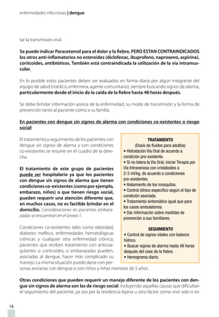 enfermedades infecciosas | dengue
18
tar la transmisión viral.
Se puede indicar Paracetamol para el dolor y la fiebre, PERO ESTAN CONTRAINDICADOS
los otros anti-inflamatorios no esteroides (diclofenac, ibuprofeno, naproxeno, aspirina),
corticoides, antibióticos. También está contraindicada la utilización de la vía intramus-
cular.
En lo posible estos pacientes deben ser evaluados en forma diaria por algún integrante del
equipo de salud (médico, enfermera, agente comunitario), siempre buscando signos de alarma,
particularmente desde el inicio de la caída de la fiebre hasta 48 horas después.
Se debe brindar información acerca de la enfermedad, su modo de transmisión y la forma de
prevención tanto al paciente como a su familia.
En pacientes con dengue sin signos de alarma con condiciones co-existentes o riesgo
social
El tratamiento y seguimiento de los pacientes con
dengue sin signos de alarma y con condiciones
co-existentes se resume en el cuadro de la dere-
cha.
El tratamiento de este grupo de pacientes
puede ser hospitalario ya que los pacientes
con dengue sin signos de alarma que tienen
condiciones co-existentes (como por ejemplo,
embarazo, niños) o que tienen riesgo social,
pueden requerir una atención diferente que,
en muchos casos, no es factible brindar en el
domicilio. Consideraciones en pacientes embara-
zadas se encuentran en el anexo 1.
Condiciones co-existentes tales como obesidad,
diabetes mellitus, enfermedades hematológicas
crónicas y cualquier otra enfermedad crónica,
pacientes que reciben tratamiento con anticoa-
gulantes o corticoides, o embarazadas pueden,
asociadas al dengue, hacer más complicado su
manejo. La misma situación puede darse con per-
sonas ancianas con dengue o con niños y niñas menores de 5 años.
Otras condiciones que pueden requerir un manejo diferente de los pacientes con den-
gue sin signos de alarma son las de riesgo social, incluyendo aquellas causas que dificultan
el seguimiento del paciente, ya sea por la residencia lejana u otro factor como vivir solo o en
 