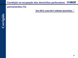 66 
Condição na ocupação dos domicílios particulares permanentes (%) 
Em 2013, eram 65,1 milhões domicílios 
Corrigido  
