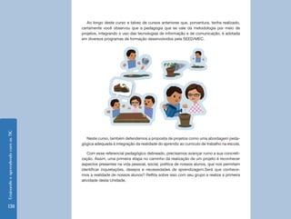 Ao longo deste curso e talvez de cursos anteriores que, porventura, tenha realizado,
                                    certamente você observou que a pedagogia que se vale da metodologia por meio de
                                    projetos, integrando o uso das tecnologias de informação e de comunicação, é adotada
                                    em diversos programas de formação desenvolvidos pela SEED/MEC.
Ensinando e aprendendo com as TIC




                                      Neste curso, também defendemos a proposta de projetos como uma abordagem peda-
                                    gógica adequada à integração da realidade do aprendiz ao currículo de trabalho na escola.

                                       Com esse referencial pedagógico delineado, precisamos avançar rumo a sua concreti-
                                    zação. Assim, uma primeira etapa no caminho da realização de um projeto é reconhecer
                                    aspectos presentes na vida pessoal, social, política de nossos alunos, que nos permitam
                                    identificar inquietações, desejos e necessidades de aprendizagem.Será que conhece-
                                    mos a realidade de nossos alunos? Reflita sobre isso com seu grupo e realize a primeira
                                    atividade desta Unidade.




 138
 