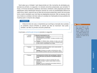 Você sabe que a Unidade I será desenvolvida em três momentos de atividades pre-
senciais (no primeiro, no segundo e no terceiro encontros presenciais), que somarão 12
horas, e 16 horas de estudo a distância. Você deve, entretanto, estar preparado para fazer
adaptações nessa distribuição temporal, levando em conta as possibilidades efetivas de
cada turma. Assim, pode ser que os dias dos encontros presenciais variem de turma para
turma, sendo necessário que você faça as adaptações possíveis. Não se esqueça de dar
voz a todos os cursistas e de levar cada um a analisar as implicações de seus pedidos de
mudança para o conjunto dos colegas.

       FORMADOR
         Antes do início do curso, é importante que você faça a inscrição dos cursistas                         Lembrete
      no ambiente virtual e-ProInfo ou solicite que eles se inscrevam. Isso pode,
                                                                                                             Esta é uma proposta de distri-
      também, ser feito no primeiro encontro presencial.
                                                                                                             buição temporal, e é importante
                                                                                                             que você considere o perfil do
                                                                                                             cursista, o contexto em que atua
  A princípio, a distribuição temporal prevista é a seguinte:                                                e sua trajetória profissional como
                                                                                                             formador. Você pode aprofundá-la
                1° encontro   2h Momento de apresentação do curso                                            e adequá-la de acordo com sua
                 presencial        Momento presencial 1 da Unidade 1:                                        realidade local.
                                   Contextualização do tema da Unidade 1: Tecnologia na sociedade, na vida
                                   e na escola.
                                   Atividade 1.1: Reflexões iniciais, realizadas em duplas, acerca dos
                              2h
                                   desafios da escola na sociedade atual, que devem ser registradas usando
                                   o editor de textos e compartilhadas com os colegas.


                1ª Semana          Reflexão sobre a identidade do professor e sobre a própria aprendiza-
                                   gem (leituras e pontos de reflexão).
                              4h
                                   Atividade 1.2: Participar de um debate, na ferramenta fórum, sobre a
                                   tema identidade do professor: Quem sou eu como professor e aprendiz.




                                                                                                                                                  Unidade 1
                2ª Semana          Aprofundamento das reflexões sobre aprendizagem e análise da
                                   escola diante desse novo panorama da sociedade/tecnologia na
                                   escola.

                              4h Atividade 1.3: Assistir a um vídeo com entrevista sobre o tema
                                   educação e Tecnologia” e registrar a própria reflexão, em diário de
                                   bordo on-line.
                                   Atividade 1.4: Fazer um levantamento das tecnologias existentes na
                                   escola e dos modos como são utilizadas.



                                                                                                                                                  35
 