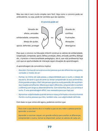 Mas isso não é nem muito simples nem fácil. Veja como o convívio pode ser
ambivalente, ou seja, pode ter sentidos que são opostos:

                               O convívio pode ser



	              Gerador de:	                 	                Ocasião de:

	         afetos, amizades		                                 conflitos		

s
	 olidariedade, compaixão,	                ou	               frustrações

	         desejo de ajudar,		                                decepções

a
	 poiar, defender, proteger		                                desenganos



Para que o convívio na Educação Infantil construa os valores da solidariedade,
cooperação, compaixão, apoio, defesa, proteção, afeto, amizade, partilha, diálogo
etc., é preciso a intencionalidade pedagógica, isto é, que o(a) professor(a) faça
com que as oportunidades de interação sejam situações de aprendizagem.

A aprendizagem da convivência implica:

-	 Descobrir formas de convivência entre pessoas que são diferentes nos gostos,
   vontades e modos de ser.

-	 Formar, no íntimo de cada pessoa, a disponibilidade para o outro, o desejo de
   escutá-lo, de sentir o que ele sente ou tentar compreender os seus sentimentos.
   Entre grandes amigos, é fácil: eles pensam igual ou muito parecido, têm sentimen-
   tos e reações semelhantes. Mesmo que sejam diferentes, compreendem e aceitam
   a diferença sem briga ou desentendimento. Com estranhos, bem, aí a conversa é
   outra. É uma aprendizagem difícil, mas necessária para que haja paz.

-	 Aproximar subjetividades quando temos a nossa já formada e nos encontramos
   frente a outras pessoas que têm, também elas, sua subjetividade definida.

Com base no que vimos até agora, podemos concluir que:


    Para viver a paz dentro de si e irradiar a paz ao seu redor a pessoa precisa
    aprender a conviver.

    Aprender a conviver requer um grande esforço para aceitar as diferenças,
    compreender o outro, tornar-se disponível, somar os valores de cada um.



                                       77
 