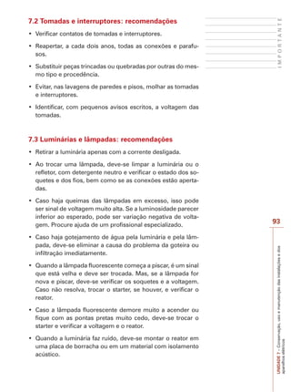 UNIDADE7–Conservação,usoemanutençãodasinstalaçõesedos
aparelhoselétricos
93
IMPORTANTE
7.2 Tomadas e interruptores: recomendações
-
sos.
-
mo tipo e procedência.
e interruptores.
tomadas.
7.3 Luminárias e lâmpadas: recomendações
refletor, com detergente neutro e verificar o estado dos so-
quetes e dos fios, bem como se as conexões estão aperta-
das.
ser sinal de voltagem muito alta. Se a luminosidade parecer
inferior ao esperado, pode ser variação negativa de volta-
gem. Procure ajuda de um profissional especializado.
-
pada, deve-se eliminar a causa do problema da goteira ou
infiltração imediatamente.
que está velha e deve ser trocada. Mas, se a lâmpada for
nova e piscar, deve-se verificar os soquetes e a voltagem.
Caso não resolva, trocar o starter, se houver, e verificar o
reator.
fique com as pontas pretas muito cedo, deve-se trocar o
starter e verificar a voltagem e o reator.
uma placa de borracha ou em um material com isolamento
acústico.
 