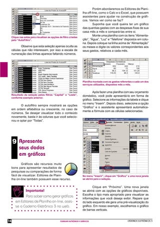 CADERNOS ELETRÔNICOS 3
PLANILHA ELETRÔNICA E GRÁFICOS
14
9 Apresente
seus dados
em gráﬁcos
Clique nas setas para visualizar as opções de ﬁltro criadas
pelo “AutoFiltro”.
Observe que esta seleção apenas oculta as
células que não interessam, por isso a escala de
numeração das linhas aparece faltando números.
Resultado da seleção pelos ﬁltros “Capital” e “Leste”,
conforme exemplo anterior.
O autoﬁltro sempre mostrará as opções
em ordem alfabética ou crescente, no caso de
números. Se desejar visualizar todo o conteúdo
novamente, basta ir às colunas que você selecio-
nou e optar por “Todas”.
Gráficos são recursos muito
bons para apresentar resultados de
pesquisas ou comparações de forma
fácil de visualizar. Editores de Plani-
lha on-line também possuem esse recurso.
Importante!
Para saber como gerar gráﬁcos
em Editores de Planilha on-line, aces-
se o Caderno Eletrônico 3 na web.
Planilha montada com os gastos referentes a cada um dos
serviços utilizados, dispostos mês a mês.
Porém abordaremos os Editores de Plani-
lha off-line, como o Calc e o Excel, que possuem
assistentes para ajudar na construção de gráfi-
cos. Vamos ver como se faz?
Suponha que você queira ter um gráﬁco
das quantias gastas com as despesas ﬁxas de sua
casa mês a mês e compará-las entre si.
Monte uma planilha com os itens “Alimenta-
ção”, “Água”, “Luz” e “Telefone” dispostos em colu-
na. Depois coloque na linha acima de “Alimentação”
os meses e digite os valores correspondentes aos
seus gastos, relativos a cada mês.
No menu “Inserir”, clique em “Gráﬁco” e uma nova janela
se abrirá para a seleção.
Clique em “Próximo”. Uma nova janela
se abrirá com as opções de gráﬁcos disponíveis.
Escolha o tipo mais apropriado para visualizar as
informações que você deseja exibir. Repare que
do lado esquerdo ele gera uma pré-visualização do
gráﬁco. Em nosso exemplo, escolhemos o gráﬁco
de barras verticais.
Após fazer uma planilha com seu orçamento
doméstico, você pode apresentá-lo em forma de
gráﬁco. Selecione as informações da tabela e clique
no menu “Inserir”. Depois disso, selecione a opção
“Gráﬁco” e o assistente apresentará automatica-
mente a fórmula com as células selecionadas.
 
