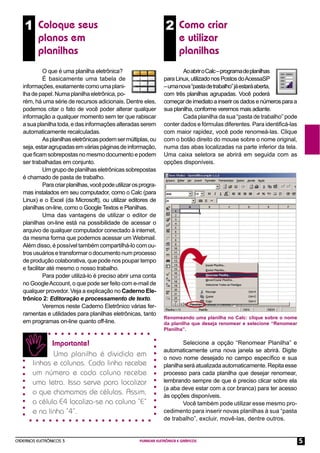 CADERNOS ELETRÔNICOS 3 PLANILHA ELETRÔNICA E GRÁFICOS 5
1 Coloque seus
planos em
planilhas
2 Como criar
e utilizar
planilhas
O que é uma planilha eletrônica?
É basicamente uma tabela de
informações,exatamentecomoumaplani-
lhadepapel.Numaplanilhaeletrônica,po-
rém, há uma série de recursos adicionais. Dentre eles,
podemos citar o fato de você poder alterar qualquer
informação a qualquer momento sem ter que rabiscar
a sua planilha toda, e das informações alteradas serem
automaticamente recalculadas.
Asplanilhaseletrônicaspodemsermúltiplas,ou
seja,estaragrupadasemváriaspáginasdeinformação,
queﬁcamsobrepostasnomesmodocumentoepodem
ser trabalhadas em conjunto.
Um grupo de planilhas eletrônicas sobrepostas
é chamado de pasta de trabalho.
Paracriarplanilhas,vocêpodeutilizarosprogra-
mas instalados em seu computador, como o Calc (para
Linux) e o Excel (da Microsoft), ou utilizar editores de
planilhas on-line, como o Google Textos e Planilhas.
Uma das vantagens de utilizar o editor de
planilhas on-line está na possibilidade de acessar o
arquivo de qualquer computador conectado à internet,
da mesma forma que podemos acessar um Webmail.
Além disso, é possível também compartilhá-lo com ou-
trosusuáriosetransformarodocumentonumprocesso
de produção colaborativa, que pode nos poupar tempo
e facilitar até mesmo o nosso trabalho.
Para poder utilizá-lo é preciso abrir uma conta
no GoogleAccount, o que pode ser feito com e-mail de
qualquer provedor. Veja a explicação no Caderno Ele-
trônico 2: Editoração e processamento de texto.
Veremos neste Caderno Eletrônico várias fer-
ramentas e utilidades para planilhas eletrônicas, tanto
em programas on-line quanto off-line.
Importante!
Uma planilha é dividida em
linhas e colunas. Cada linha recebe
um número e cada coluna recebe
uma letra. Isso serve para localizar
o que chamamos de células. Assim,
a célula E4 localiza-se na coluna “E”
e na linha “4”.
AoabriroCalc–programadeplanilhas
paraLinux,utilizadonosPostosdoAcessaSP
–umanova“pastadetrabalho”jáestaráaberta,
com três planilhas agrupadas. Você poderá
começar de imediato a inserir os dados e números para a
sua planilha, conforme veremos mais adiante.
Cada planilha da sua “pasta de trabalho” pode
conter dados e fórmulas diferentes. Para identiﬁcá-las
com maior rapidez, você pode renomeá-las. Clique
com o botão direito do mouse sobre o nome original,
numa das abas localizadas na parte inferior da tela.
Uma caixa seletora se abrirá em seguida com as
opções disponíveis.
Renomeando uma planilha no Calc: clique sobre o nome
da planilha que deseja renomear e selecione “Renomear
Planilha”.
Selecione a opção “Renomear Planilha” e
automaticamente uma nova janela se abrirá. Digite
o novo nome desejado no campo especíﬁco e sua
planilha será atualizada automaticamente. Repita esse
processo para cada planilha que desejar renomear,
lembrando sempre de que é preciso clicar sobre ela
(a aba deve estar com a cor branca) para ter acesso
às opções disponíveis.
Você também pode utilizar esse mesmo pro-
cedimento para inserir novas planilhas à sua “pasta
de trabalho”, excluir, movê-las, dentre outros.
 