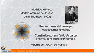 Modelos Atômicos
Modelo Atômico de Joseph
John Thomson (1903)
Propôs um modelo maciço,
esférico, mas divisível.
Constituído por um fluido de carga
positiva, com elétrons dispersos.
+ Modelo do “Pudim de Passas”.
-
-
-
-
-
 