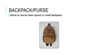 BACKPACK/PURSE
Purse or murse (man-purse) or small backpack
 