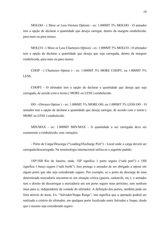 18
MOLOO - ( More or Less Owners Option) - ex: 1.000MT 5% MOLOO - O armador
tem a opção de declarar a quantidade que deseja carregar, dentro da margem estabelecida,
para mais ou para menos.
MOLCO - ( More or Less Charterers Option) - ex: 1.000MT 5% MOLCO - O afretador
tem a opção de declarar a quantidade que deseja que seja carregada, dentro da margem
estabelecida, para mais ou para menos.
CHOP - ( Charterers Option ) - ex: 1.000MT 5% MORE CHOPT, ou 1.000MT 5%
LESS.
CHOPT - O afretador tem a opção de declarar a quantidade que deseja que seja
carregada, de acordo com o termo ( MORE ou LESS ) estabelecido.
OO - (Owners Option ) - ex: 1.000MT 5% MORE OO, ou 1.000MT 5% LESS OO – O
armador tem a opção de declarar a quantidade que deseja carregar, de acordo com o termo (
MORE ou LESS ) estabelecido.
MIN/MAX - ex: 1.000MT MIN/MAX - A quantidade a ser carregada deve ser
exatamente o estabelecido, sem variações.
- Porto de Carga/Descarga (“Loading/Discharge Port”) - Local onde a carga deverá ser
carregada/descarregada. Na terminologia internacional utiliza-se o seguinte padrão:
1SP/1SB Rio de Janeiro, onde, 1SP significa 1 porto seguro (“safe port”) e 1SB
significa 1 berço seguro (“safe berth”). Isso protege o armador de ser obrigado a operar em
algum porto que não seja considerado seguro. Por exemplo, se o porto de descarga de uma
determinada mercadoria encontrar-se em situação crítica (guerra, catástrofe, etc.), o armador
tem o direito de descarregar a mercadoria em um porto seguro mais próximo, sem nenhum
ônus para si, independente da vontade do afretador. A definição dos portos, também pode ser
feita através de áreas. Ex: “Salvador/Suape Range”, isto significa que a operação poderá ser
realizada a critério do afretador, em qualquer porto localizado entre Salvador e Suape, desde
que o mesmo seja considerado seguro.
 