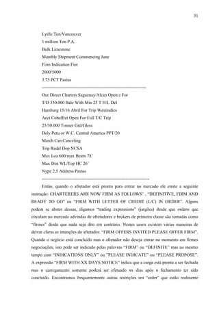 31
Lytlle Ton/Vancouver
1 million Ton P.A.
Bulk Limestone
Monthly Shipment Commencing June
Firm Indication Fiot
2000/5000
3.75 PCT Pastus
-----------------------------------------------------------------------
Our Direct Charters Saguenay/Alcan Open e For
T/D 350.000 Bale With Min 25 T H/L Del
Hamburg 15/16 Abril For Trip Westindies
Acct Cobelfret Open For Foll T/C Trip
25/30.000 Tonner Grd/Gless
Dely Peru or W.C. Central America PPT/20
March Can Canceling
Trip Redel Dop NCSA
Max Loa 600/max Beam 78’
Max Dist WL/Top HC 26’
Nype 2,5 Address Pastus
-------------------------------------------------------------------------
Então, quando o afretador está pronto para entrar no mercado ele emite a seguinte
instrução: CHARTERERS ARE NOW FIRM AS FOLLOWS’ , “DEFINITIVE, FIRM AND
READY TO GO” ou “FIRM WITH LETTER OF CREDIT (L/C) IN ORDER”. Alguns
podem se abster dessas, digamos “trading expressions” (jargões) desde que ordens que
circulam no mercado advindas de afretadores e brokers de primeira classe são tomadas como
“firmes” desde que nada seja dito em contrário. Nestes casos existem várias maneiras de
deixar claras as intenções do afretador. “FIRM OFFERS INVITED PLEASE OFFER FIRM”.
Quando o negócio está concluído mas o afretador não deseja entrar no momento em firmes
negociações, isto pode ser indicado pelas palavras “FIRM” ou “DEFINITE” mas ao mesmo
tempo com “INDICATIONS ONLY” ou ”PLEASE INDICATE” ou “PLEASE PROPOSE”.
A expressão “FIRM WITH XX DAYS NOTICE” indica que a carga está pronta a ser fechada
mas o carregamento somente poderá ser efetuado xx dias após o fechamento ter sido
concluído. Encontramos frequentemente outras restrições em “order” que estão realmente
 