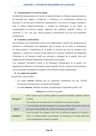 CHAPITRE 2 : SYSTEME DE MANAGEMENT DE LA QUALITE
Page 40
3) Communication et travail en équipe
La liberté de communication et le travail en équipe éliminent les obstacles organisationnels et
du personnel qui s’oppose à l’efficacité, à l’efficience et à l’amélioration continue des
processus. Il convient que la liberté de communication et de travail en équipe s’étendent à
toute la chaine d’approvisionnement, y compris les fournisseurs et aux clients. La
communication et le travail en équipe supposent une confiance mutuelle. Celle-ci est
essentielle si l’on veut que chacun participe à l’identification et au suivi des possibilités
d’amélioration.
4) Formation et information
Une formation et une information suivies sont indispensables à chacun. Des programmes de
formation et d’information sont importants, dans la mesure où ils créent et entretiennent
un climat propice à l’amélioration de la qualité. Il convient que tous les membres d’un
organisme, y compris aux niveaux les plus hauts de la direction, bénéficient de programme
d’éducation et de formation relatifs aux principes et pratiques de la qualité, ainsi qu’à
l’application des méthodes appropriées d’amélioration de la qualité.
Ceci comprend l’utilisation d’outils et de techniques d’amélioration de la qualité. Les
programmes d’éducation et de formation seront examinés afin de s’assurer de leur harmonie
avec les principes et pratiques de la qualité et leur efficacité évaluée régulièrement.
5) Les audits de la qualité :
Il existe deux sortes d’audits :
- Les audits externes effectués par les organismes certificateurs tels que l’AFAQ
(Association Française pour l’Assurance de la Qualité).
- Les audits internes, effectués en interne, en général par le responsable qualité. [10]
Tableau 4: les audits de la qualité
Pourquoi ?
- Pour s’assurer que le système qualité est toujours d’actualité, pertinent, efficace
et utilisé.
- Pour obtenir une reconnaissance de la qualité de son système qualité.
Quoi ?
- C’est une photo du fonctionnement à un moment donné. Cela permet d’être sûr
du respect des procédures du système d’assurance de la qualité.
Comment ?
- Lors d’un audit, On compare le réel avec les différents supports de la qualité, à
savoir : Le manuel qualité, les procédures, les instructions, les modes opératoires
et les enregistrements relatifs à la qualité.
 