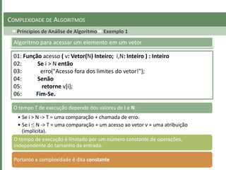 Príncipios de Análise de Algoritmo Exemplo 1
COMPLEXIDADE DE ALGORITMOS
01: Função acesso ( v: Vetor(N) Inteiro; i,N: Inteiro ) : Inteiro
02: Se i > N então
03: erro("Acesso fora dos limites do vetor!");
04: Senão
05: retorne v[i];
06: Fim-Se.
Algoritmo para acessar um elemento em um vetor
O tempo T de execução depende dos valores de i e N:
• Se i > N -> T = uma comparação + chamada de erro.
• Se i ≤ N -> T = uma comparação + um acesso ao vetor v + uma atribuição
(implícita).
O tempo de execução é limitado por um número constante de operações,
independente do tamanho da entrada.
Portanto a complexidade é dita constante
 