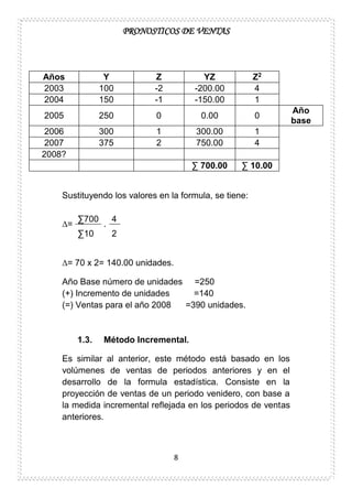 PRONOSTICOS DE VENTAS
8
Años Y Z YZ Z2
2003 100 -2 -200.00 4
2004 150 -1 -150.00 1
2005 250 0 0.00 0
Año
base
2006 300 1 300.00 1
2007 375 2 750.00 4
2008?
∑ 700.00 ∑ 10.00
Sustituyendo los valores en la formula, se tiene:
∆=
∑700
.
4
∑10 2
∆= 70 x 2= 140.00 unidades.
Año Base número de unidades =250
(+) Incremento de unidades =140
(=) Ventas para el año 2008 =390 unidades.
1.3. Método Incremental.
Es similar al anterior, este método está basado en los
volúmenes de ventas de periodos anteriores y en el
desarrollo de la formula estadística. Consiste en la
proyección de ventas de un periodo venidero, con base a
la medida incremental reflejada en los periodos de ventas
anteriores.
 