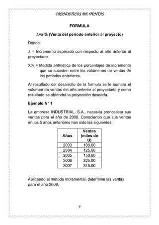 PRONOSTICOS DE VENTAS
9
FORMULA
∆=x % (Venta del periodo anterior al proyecto)
Dónde:
∆ = Incremento esperado con respecto al año anterior al
proyectado.
X% = Medida aritmética de los porcentajes de incremento
que se suceden entre los volúmenes de ventas de
los periodos anteriores.
Al resultado del desarrollo de la formula se le sumara el
volumen de ventas del año anterior al proyectado y como
resultado se obtendrá la proyección deseada.
Ejemplo N° 1
La empresa INDUSTRIAL, S.A., necesita pronosticar sus
ventas para el año de 2008. Conociendo que sus ventas
en los 5 años anteriores han sido las siguientes:
Años
Ventas
(miles de
U)
2003 100.00
2004 125.00
2005 150.00
2006 225.00
2007 315.00
Aplicando el método incremental, determine las ventas
para el año 2008.
 