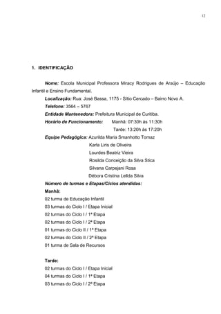 1. IDENTIFICAÇÃO
Nome: Escola Municipal Professora Miracy Rodrigues de Araújo – Educação
Infantil e Ensino Fundamental.
Localização: Rua: José Bassa, 1175 - Sítio Cercado – Bairro Novo A.
Telefone: 3564 – 5767
Entidade Mantenedora: Prefeitura Municipal de Curitiba.
Horário de Funcionamento: Manhã: 07:30h às 11:30h
Tarde: 13:20h às 17:20h
Equipe Pedagógica: Azurilda Maria Smanhotto Tomaz
Karla Liris de Oliveira
Lourdes Beatriz Vieira
Rosilda Conceição da Silva Stica
Silvana Carpejani Rosa
Débora Cristina Lellda Silva
Número de turmas e Etapas/Ciclos atendidas:
Manhã:
02 turma de Educação Infantil
03 turmas do Ciclo I / Etapa Inicial
02 turmas do Ciclo I / 1ª Etapa
02 turmas do Ciclo I / 2ª Etapa
01 turmas do Ciclo II / 1ª Etapa
02 turmas do Ciclo II / 2ª Etapa
01 turma de Sala de Recursos
Tarde:
02 turmas do Ciclo I / Etapa Inicial
04 turmas do Ciclo I / 1ª Etapa
03 turmas do Ciclo I / 2ª Etapa
12
 