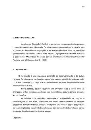 9. EIXOS DE TRABALHO
Ao aluno da Educação Infantil deve-se oferecer novas experiências para que
possam ter conhecimento de mundo. Para isso, apresentaremos eixos de trabalho para
a construção das diferentes linguagens e as relações possíveis entre os objetos de
conhecimento: Movimento, Música, Artes Visuais, Linguagem Oral e Escrita, Natureza
e Sociedade e Matemática de acordo com as orientações do Referencial Curricular
Nacional para a Educação Infantil – MEC.
9.1 MOVIMENTO:
O movimento é uma importante dimensão do desenvolvimento e da cultura
humana. As crianças se movimentam desde que nascem, adquirindo cada vez maior
controle sobre ser próprio corpo e se apropriando cada vez mais das possibilidades de
interação com o mundo.
Neste sentido, deve-se favorecer um ambiente físico e social onde as
crianças se sintam protegidas, acolhidas e ao mesmo tempo seguras para se arriscar e
vencer desafios.
O trabalho com movimento contempla a multiplicidade de funções e
manifestações do ato motor, propiciando um amplo desenvolvimento de aspectos
específicos da motricidade das crianças, abrangendo uma reflexão acerca das posturas
corporais implicadas nas atividades cotidianas, bem como atividades voltadas para a
ampliação da cultura corporal de cada criança.
Objetivos:
122
 