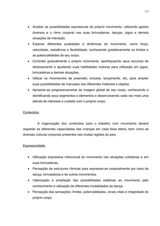• Ampliar as possibilidades expressivas do próprio movimento, utilizando gestos
diversos e o ritmo corporal nas suas brincadeiras, danças, jogos e demais
situações de interação.
• Explorar diferentes qualidades e dinâmicas do movimento, como força,
velocidade, resistência e flexibilidade, conhecendo gradativamente os limites e
as potencialidades de seu corpo.
• Controlar gradualmente o próprio movimento, aperfeiçoando seus recursos de
deslocamento e ajustando suas habilidades motoras para utilização em jogos,
brincadeiras e demais situações.
• Utilizar os movimentos de preensão, encaixe, lançamento, etc, para ampliar
suas possibilidades de manuseio dos diferentes materiais e objetos.
• Apropriar-se progressivamente da imagem global de seu corpo, conhecendo e
identificando seus segmentos e elementos e desenvolvendo cada vez mais uma
atitude de interesse e cuidado com o próprio corpo.
Conteúdos:
A organização dos conteúdos para o trabalho com movimento deverá
respeitar as diferentes capacidades das crianças em cada faixa etária, bem como as
diversas culturas corporais presentes nas muitas regiões do país.
Expressividade:
• Utilização expressiva intencional do movimento nas situações cotidianas e em
suas brincadeiras.
• Percepção de estruturas rítmicas para expressar-se corporalmente por meio da
dança, brincadeiras e de outros movimentos.
• Valorização e ampliação das possibilidades estéticas ao movimento pelo
conhecimento e utilização de diferentes modalidades da dança.
• Percepção das sensações, limites, potencialidades, sinais vitais e integridade do
próprio corpo.
123
 