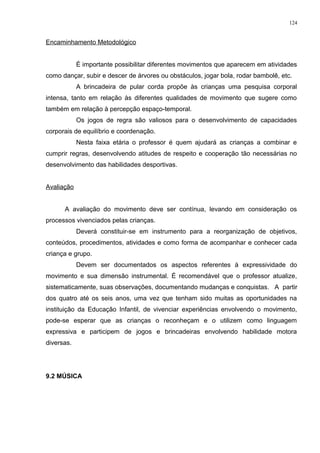 Encaminhamento Metodológico
É importante possibilitar diferentes movimentos que aparecem em atividades
como dançar, subir e descer de árvores ou obstáculos, jogar bola, rodar bambolê, etc.
A brincadeira de pular corda propõe às crianças uma pesquisa corporal
intensa, tanto em relação às diferentes qualidades de movimento que sugere como
também em relação à percepção espaço-temporal.
Os jogos de regra são valiosos para o desenvolvimento de capacidades
corporais de equilíbrio e coordenação.
Nesta faixa etária o professor é quem ajudará as crianças a combinar e
cumprir regras, desenvolvendo atitudes de respeito e cooperação tão necessárias no
desenvolvimento das habilidades desportivas.
Avaliação
A avaliação do movimento deve ser contínua, levando em consideração os
processos vivenciados pelas crianças.
Deverá constituir-se em instrumento para a reorganização de objetivos,
conteúdos, procedimentos, atividades e como forma de acompanhar e conhecer cada
criança e grupo.
Devem ser documentados os aspectos referentes à expressividade do
movimento e sua dimensão instrumental. É recomendável que o professor atualize,
sistematicamente, suas observações, documentando mudanças e conquistas. A partir
dos quatro até os seis anos, uma vez que tenham sido muitas as oportunidades na
instituição da Educação Infantil, de vivenciar experiências envolvendo o movimento,
pode-se esperar que as crianças o reconheçam e o utilizem como linguagem
expressiva e participem de jogos e brincadeiras envolvendo habilidade motora
diversas.
9.2 MÚSICA
124
 