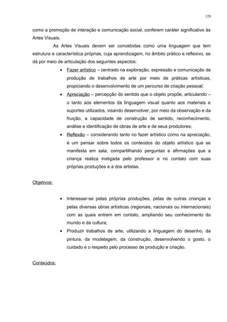 como a promoção de interação e comunicação social, conferem caráter significativo às
Artes Visuais.
As Artes Visuais devem ser concebidas como uma linguagem que tem
estrutura e característica próprias, cuja aprendizagem, no âmbito prático e reflexivo, se
dá por meio de articulação dos seguintes aspectos:
• Fazer artístico – centrado na exploração, expressão e comunicação de
produção de trabalhos de arte por meio de práticas artísticas,
propiciando o desenvolvimento de um percurso de criação pessoal;
• Apreciação – percepção do sentido que o objeto propõe, articulando –
o tanto aos elementos da linguagem visual quanto aos materiais e
suportes utilizados, visando desenvolver, por meio da observação e da
fruição, a capacidade de construção de sentido, reconhecimento,
análise e identificação de obras de arte e de seus produtores;
• Reflexão – considerando tanto no fazer artístico como na apreciação,
é um pensar sobre todos os conteúdos do objeto artístico que se
manifesta em sala, compartilhando perguntas e afirmações que a
criança realiza instigada pelo professor e no contato com suas
próprias produções e a dos artistas.
Objetivos:
• Interessar-se pelas próprias produções, pelas de outras crianças e
pelas diversas obras artísticas (regionais, nacionais ou internacionais)
com as quais entrem em contato, ampliando seu conhecimento do
mundo e da cultura;
• Produzir trabalhos de arte, utilizando a linguagem do desenho, da
pintura, da modelagem, da construção, desenvolvendo o gosto, o
cuidado e o respeito pelo processo de produção e criação.
Conteúdos:
128
 