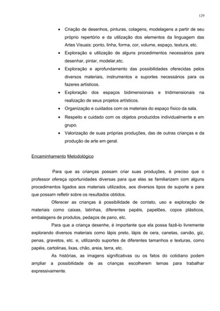 • Criação de desenhos, pinturas, colagens, modelagens a partir de seu
próprio repertório e da utilização dos elementos da linguagem das
Artes Visuais: ponto, linha, forma, cor, volume, espaço, textura, etc.
• Exploração e utilização de alguns procedimentos necessários para
desenhar, pintar, modelar,etc.
• Exploração e aprofundamento das possibilidades oferecidas pelos
diversos materiais, instrumentos e suportes necessários para os
fazeres artísticos.
• Exploração dos espaços bidimensionais e tridimensionais na
realização de seus projetos artísticos.
• Organização e cuidados com os materiais do espaço físico da sala.
• Respeito e cuidado com os objetos produzidos individualmente e em
grupo.
• Valorização de suas próprias produções, das de outras crianças e da
produção de arte em geral.
Encaminhamento Metodológico
Para que as crianças possam criar suas produções, é preciso que o
professor ofereça oportunidades diversas para que elas se familiarizem com alguns
procedimentos ligados aos materiais utilizados, aos diversos tipos de suporte e para
que possam refletir sobre os resultados obtidos.
Oferecer as crianças à possibilidade de contato, uso e exploração de
materiais como caixas, latinhas, diferentes papéis, papelões, copos plásticos,
embalagens de produtos, pedaços de pano, etc.
Para que a criança desenhe, é importante que ela possa fazê-lo livremente
explorando diversos materiais como lápis preto, lápis de cera, canetas, carvão, giz,
penas, gravetos, etc. e, utilizando suportes de diferentes tamanhos e texturas, como
papéis, cartolinas, lixas, chão, areia, terra, etc.
As histórias, as imagens significativas ou os fatos do cotidiano podem
ampliar a possibilidade de as crianças escolherem temas para trabalhar
expressivamente.
129
 