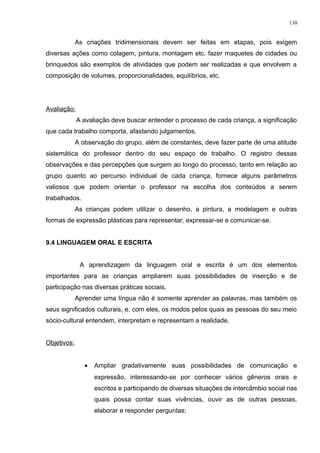 As criações tridimensionais devem ser feitas em etapas, pois exigem
diversas ações como colagem, pintura, montagem etc. fazer maquetes de cidades ou
brinquedos são exemplos de atividades que podem ser realizadas e que envolvem a
composição de volumes, proporcionalidades, equilíbrios, etc.
Avaliação:
A avaliação deve buscar entender o processo de cada criança, a significação
que cada trabalho comporta, afastando julgamentos.
A observação do grupo, além de constantes, deve fazer parte de uma atitude
sistemática do professor dentro do seu espaço de trabalho. O registro dessas
observações e das percepções que surgem ao longo do processo, tanto em relação ao
grupo quanto ao percurso individual de cada criança, fornece alguns parâmetros
valiosos que podem orientar o professor na escolha dos conteúdos a serem
trabalhados.
As crianças podem utilizar o desenho, a pintura, a modelagem e outras
formas de expressão plásticas para representar, expressar-se e comunicar-se.
9.4 LINGUAGEM ORAL E ESCRITA
A aprendizagem da linguagem oral e escrita é um dos elementos
importantes para as crianças ampliarem suas possibilidades de inserção e de
participação nas diversas práticas sociais.
Aprender uma língua não é somente aprender as palavras, mas também os
seus significados culturais, e, com eles, os modos pelos quais as pessoas do seu meio
sócio-cultural entendem, interpretam e representam a realidade.
Objetivos:
• Ampliar gradativamente suas possibilidades de comunicação e
expressão, interessando-se por conhecer vários gêneros orais e
escritos e participando de diversas situações de intercâmbio social nas
quais possa contar suas vivências, ouvir as de outras pessoas,
elaborar e responder perguntas;
130
 