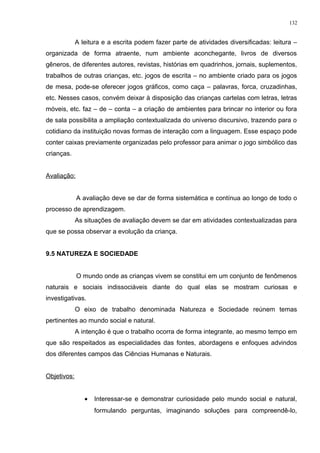 A leitura e a escrita podem fazer parte de atividades diversificadas: leitura –
organizada de forma atraente, num ambiente aconchegante, livros de diversos
gêneros, de diferentes autores, revistas, histórias em quadrinhos, jornais, suplementos,
trabalhos de outras crianças, etc. jogos de escrita – no ambiente criado para os jogos
de mesa, pode-se oferecer jogos gráficos, como caça – palavras, forca, cruzadinhas,
etc. Nesses casos, convém deixar à disposição das crianças cartelas com letras, letras
móveis, etc. faz – de – conta – a criação de ambientes para brincar no interior ou fora
de sala possibilita a ampliação contextualizada do universo discursivo, trazendo para o
cotidiano da instituição novas formas de interação com a linguagem. Esse espaço pode
conter caixas previamente organizadas pelo professor para animar o jogo simbólico das
crianças.
Avaliação:
A avaliação deve se dar de forma sistemática e contínua ao longo de todo o
processo de aprendizagem.
As situações de avaliação devem se dar em atividades contextualizadas para
que se possa observar a evolução da criança.
9.5 NATUREZA E SOCIEDADE
O mundo onde as crianças vivem se constitui em um conjunto de fenômenos
naturais e sociais indissociáveis diante do qual elas se mostram curiosas e
investigativas.
O eixo de trabalho denominada Natureza e Sociedade reúnem temas
pertinentes ao mundo social e natural.
A intenção é que o trabalho ocorra de forma integrante, ao mesmo tempo em
que são respeitados as especialidades das fontes, abordagens e enfoques advindos
dos diferentes campos das Ciências Humanas e Naturais.
Objetivos:
• Interessar-se e demonstrar curiosidade pelo mundo social e natural,
formulando perguntas, imaginando soluções para compreendê-lo,
132
 