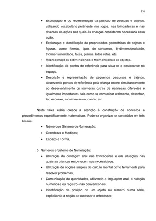 • Explicitação e ou representação da posição de pessoas e objetos,
utilizando vocabulário pertinente nos jogos, nas brincadeiras e nas
diversas situações nas quais às crianças considerem necessário essa
ação.
• Exploração e identificação de propriedades geométricas de objetos e
figuras, como formas, tipos de contornos, bi-dimensionalidade,
tridimensionalidade, faces, planas, lados retos, etc.
• Representações bidimensionais e tridimensionais de objetos.
• Identificação de pontos de referência para situa-se e deslocar-se no
espaço.
• Descrição e representação de pequenos percursos e trajetos,
observando pontos de referência pela criança ocorre simultaneamente
ao desenvolvimento de inúmeras outras de naturezas diferentes e
igualmente importantes, tais como se comunicar oralmente, desenhar,
ler, escrever, movimentar-se, cantar, etc.
Nesta faixa etária cresce a atenção à construção de conceitos e
procedimentos especificamente matemáticos. Pode-se organizar os conteúdos em três
blocos:
• Números e Sistema de Numeração;
• Grandezas e Medidas;
• Espaço e Forma.
5. Números e Sistema de Numeração:
• Utilização da contagem oral nas brincadeiras e em situações nas
quais as crianças reconhecem sua necessidade.
• Utilização de noções simples de cálculo mental como ferramenta para
resolver problemas.
• Comunicação de quantidades, utilizando a linguagem oral, a notação
numérica e ou registros não convencionais.
• Identificação da posição de um objeto ou número numa série,
explicitando a noção de sucessor e antecessor.
136
 