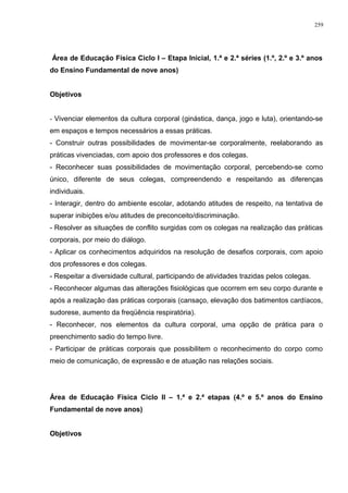 Área de Educação Física Ciclo I – Etapa Inicial, 1.ª e 2.ª séries (1.º, 2.º e 3.º anos
do Ensino Fundamental de nove anos)
Objetivos
- Vivenciar elementos da cultura corporal (ginástica, dança, jogo e luta), orientando-se
em espaços e tempos necessários a essas práticas.
- Construir outras possibilidades de movimentar-se corporalmente, reelaborando as
práticas vivenciadas, com apoio dos professores e dos colegas.
- Reconhecer suas possibilidades de movimentação corporal, percebendo-se como
único, diferente de seus colegas, compreendendo e respeitando as diferenças
individuais.
- Interagir, dentro do ambiente escolar, adotando atitudes de respeito, na tentativa de
superar inibições e/ou atitudes de preconceito/discriminação.
- Resolver as situações de conflito surgidas com os colegas na realização das práticas
corporais, por meio do diálogo.
- Aplicar os conhecimentos adquiridos na resolução de desafios corporais, com apoio
dos professores e dos colegas.
- Respeitar a diversidade cultural, participando de atividades trazidas pelos colegas.
- Reconhecer algumas das alterações fisiológicas que ocorrem em seu corpo durante e
após a realização das práticas corporais (cansaço, elevação dos batimentos cardíacos,
sudorese, aumento da freqüência respiratória).
- Reconhecer, nos elementos da cultura corporal, uma opção de prática para o
preenchimento sadio do tempo livre.
- Participar de práticas corporais que possibilitem o reconhecimento do corpo como
meio de comunicação, de expressão e de atuação nas relações sociais.
Área de Educação Física Ciclo II – 1.ª e 2.ª etapas (4.º e 5.º anos do Ensino
Fundamental de nove anos)
Objetivos
259
 