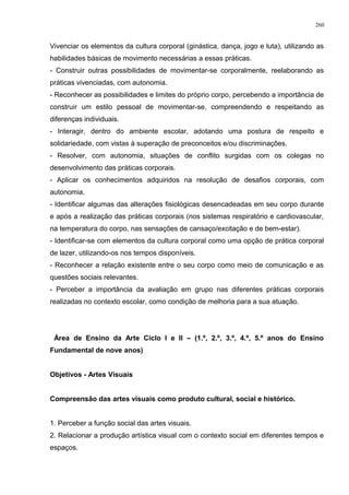 Vivenciar os elementos da cultura corporal (ginástica, dança, jogo e luta), utilizando as
habilidades básicas de movimento necessárias a essas práticas.
- Construir outras possibilidades de movimentar-se corporalmente, reelaborando as
práticas vivenciadas, com autonomia.
- Reconhecer as possibilidades e limites do próprio corpo, percebendo a importância de
construir um estilo pessoal de movimentar-se, compreendendo e respeitando as
diferenças individuais.
- Interagir, dentro do ambiente escolar, adotando uma postura de respeito e
solidariedade, com vistas à superação de preconceitos e/ou discriminações.
- Resolver, com autonomia, situações de conflito surgidas com os colegas no
desenvolvimento das práticas corporais.
- Aplicar os conhecimentos adquiridos na resolução de desafios corporais, com
autonomia.
- Identificar algumas das alterações fisiológicas desencadeadas em seu corpo durante
e após a realização das práticas corporais (nos sistemas respiratório e cardiovascular,
na temperatura do corpo, nas sensações de cansaço/excitação e de bem-estar).
- Identificar-se com elementos da cultura corporal como uma opção de prática corporal
de lazer, utilizando-os nos tempos disponíveis.
- Reconhecer a relação existente entre o seu corpo como meio de comunicação e as
questões sociais relevantes.
- Perceber a importância da avaliação em grupo nas diferentes práticas corporais
realizadas no contexto escolar, como condição de melhoria para a sua atuação.
Área de Ensino da Arte Ciclo I e II – (1.º, 2.º, 3.º, 4.º, 5.º anos do Ensino
Fundamental de nove anos)
Objetivos - Artes Visuais
Compreensão das artes visuais como produto cultural, social e histórico.
1. Perceber a função social das artes visuais.
2. Relacionar a produção artística visual com o contexto social em diferentes tempos e
espaços.
260
 
