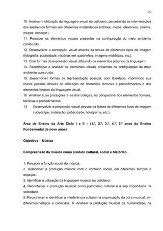 10. Analisar a utilização da linguagem visual no cotidiano, percebendo as inter-relações
dos elementos formais em diferentes modalidades (vitrines, meios televisivos, cinema,
roupas, espaços).
11. Perceber os elementos visuais presentes na configuração do meio ambiente
construído.
12. Desenvolver a percepção visual através da leitura de diferentes tipos de imagem
(fotografia, publicidade, histórias em quadrinhos, imagens midiáticas, etc.).
13. Criar formas de expressão visual utilizando os elementos próprios da linguagem.
14. Reconhecer e analisar os elementos visuais presentes na configuração do meio
ambiente construído.
15. Desenvolver formas de representação pessoal, com liberdade, imprimindo sua
marca pessoal através da utilização de diferentes técnicas e procedimentos e dos
elementos formais da linguagem visual.
16. Analisar suas produções e as dos colegas, na perspectiva dos elementos formais,
técnicas e procedimentos.
13 Desenvolver a percepção visual através da leitura de diferentes tipos de imagem
(videoclipe, instalação, publicidade, holograma, etc.).
Área de Ensino da Arte Ciclo I e II – (1.º, 2.º, 3.º, 4.º, 5.º anos do Ensino
Fundamental de nove anos)
Objetivos – Música
Compreensão da música como produto cultural, social e histórico.
1. Perceber a função social da música.
2. Relacionar a produção musical com o contexto social, em diferentes tempos e
espaços.
3. Identificar a utilização da linguagem musical no cotidiano.
4. Reconhecer a produção musical como patrimônio cultural e a sua importância na
sociedade.
5. Reconhecer e identificar a interferência cultural na organização da obra musical, em
diferentes tempos e contextos. 6. Analisar a produção musical da humanidade, na
262
 