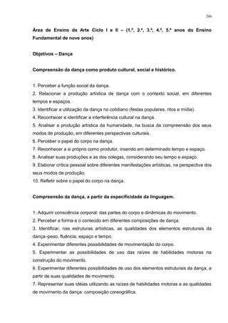Área de Ensino da Arte Ciclo I e II – (1.º, 2.º, 3.º, 4.º, 5.º anos do Ensino
Fundamental de nove anos)
Objetivos – Dança
Compreensão da dança como produto cultural, social e histórico.
1. Perceber a função social da dança.
2. Relacionar a produção artística de dança com o contexto social, em diferentes
tempos e espaços.
3. Identificar a utilização da dança no cotidiano (festas populares, ritos e mídia).
4. Reconhecer e identificar a interferência cultural na dança.
5. Analisar a produção artística da humanidade, na busca da compreensão dos seus
modos de produção, em diferentes perspectivas culturais.
6. Perceber o papel do corpo na dança.
7. Reconhecer a si próprio como produtor, inserido em determinado tempo e espaço.
8. Analisar suas produções e as dos colegas, considerando seu tempo e espaço.
9. Elaborar crítica pessoal sobre diferentes manifestações artísticas, na perspectiva dos
seus modos de produção.
10. Refletir sobre o papel do corpo na dança.
Compreensão da dança, a partir da especificidade da linguagem.
1. Adquirir consciência corporal: das partes do corpo e dinâmicas do movimento.
2. Perceber a forma e o conteúdo em diferentes composições de dança.
3. Identificar, nas estruturas artísticas, as qualidades dos elementos estruturais da
dança–peso, fluência, espaço e tempo.
4. Experimentar diferentes possibilidades de movimentação do corpo.
5. Experimentar as possibilidades de uso das raízes de habilidades motoras na
construção do movimento.
6. Experimentar diferentes possibilidades de uso dos elementos estruturais da dança, a
partir de suas qualidades de movimento.
7. Representar suas idéias utilizando as raízes de habilidades motoras e as qualidades
de movimento da dança: composição coreográfica.
266
 