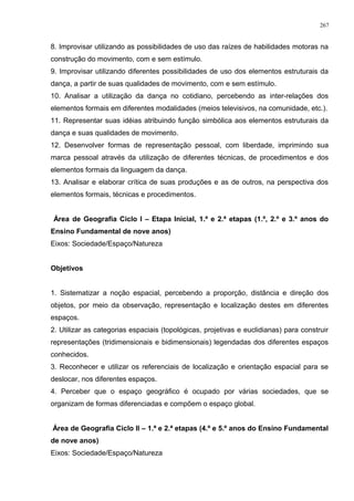 8. Improvisar utilizando as possibilidades de uso das raízes de habilidades motoras na
construção do movimento, com e sem estímulo.
9. Improvisar utilizando diferentes possibilidades de uso dos elementos estruturais da
dança, a partir de suas qualidades de movimento, com e sem estímulo.
10. Analisar a utilização da dança no cotidiano, percebendo as inter-relações dos
elementos formais em diferentes modalidades (meios televisivos, na comunidade, etc.).
11. Representar suas idéias atribuindo função simbólica aos elementos estruturais da
dança e suas qualidades de movimento.
12. Desenvolver formas de representação pessoal, com liberdade, imprimindo sua
marca pessoal através da utilização de diferentes técnicas, de procedimentos e dos
elementos formais da linguagem da dança.
13. Analisar e elaborar crítica de suas produções e as de outros, na perspectiva dos
elementos formais, técnicas e procedimentos.
Área de Geografia Ciclo I – Etapa Inicial, 1.ª e 2.ª etapas (1.º, 2.º e 3.º anos do
Ensino Fundamental de nove anos)
Eixos: Sociedade/Espaço/Natureza
Objetivos
1. Sistematizar a noção espacial, percebendo a proporção, distância e direção dos
objetos, por meio da observação, representação e localização destes em diferentes
espaços.
2. Utilizar as categorias espaciais (topológicas, projetivas e euclidianas) para construir
representações (tridimensionais e bidimensionais) legendadas dos diferentes espaços
conhecidos.
3. Reconhecer e utilizar os referenciais de localização e orientação espacial para se
deslocar, nos diferentes espaços.
4. Perceber que o espaço geográfico é ocupado por várias sociedades, que se
organizam de formas diferenciadas e compõem o espaço global.
Área de Geografia Ciclo II – 1.ª e 2.ª etapas (4.º e 5.º anos do Ensino Fundamental
de nove anos)
Eixos: Sociedade/Espaço/Natureza
267
 