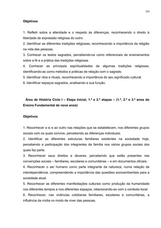 Objetivos
1. Refletir sobre a alteridade e o respeito às diferenças, reconhecendo o direito à
liberdade de expressão religiosa do outro.
2. Identificar as diferentes tradições religiosas, reconhecendo a importância da religião
na vida das pessoas.
3. Conhecer os textos sagrados, percebendo-os como referenciais de ensinamentos
sobre a fé e a prática das tradições religiosas
4. Conhecer as principais espiritualidades de algumas tradições religiosas,
identificando-as como métodos e práticas de relação com o sagrado.
5. Identificar ritos e rituais, reconhecendo a importância do seu significado cultural.
6. Identificar espaços sagrados, analisando a sua função.
Área de História Ciclo I – Etapa Inicial, 1.ª e 2.ª etapas – (1.º, 2.º e 3.º anos do
Ensino Fundamental de nove anos)
Objetivos
1. Reconhecer a si e ao outro nas relações que se estabelecem, nos diferentes grupos
sociais com os quais convive, percebendo as diferenças individuais.
2. Identificar as diferentes estruturas familiares existentes na sociedade hoje,
percebendo a participação dos integrantes da família nos vários grupos sociais dos
quais faz parte.
3. Reconhecer seus direitos e deveres, percebendo que estão presentes nas
convenções sociais – familiares, escolares e comunitárias – e em documentos oficiais.
4. Reconhecer o ser humano como parte integrante da natureza, numa relação de
interdependência, compreendendo a importância das questões socioambientais para a
sociedade atual.
5. Reconhecer as diferentes manifestações culturais como produção da humanidade
nos diferentes tempos e nos diferentes espaços, relacionando-as com o contexto local.
6. Reconhecer, nas vivências cotidianas familiares, escolares e comunitárias, a
influência da mídia no modo de viver das pessoas.
269
 