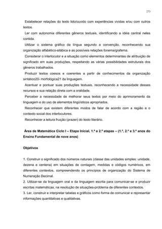 Estabelecer relações do texto lido/ouvido com experiências vividas e/ou com outros
textos.
Ler com autonomia diferentes gêneros textuais, identificando a idéia central neles
contida.
Utilizar o sistema gráfico da língua segundo a convenção, reconhecendo sua
organização alfabético-silábica e as possíveis relações fonema/grafema.
Considerar o interlocutor e a situação como elementos determinantes de atribuição de
significado em suas produções, respeitando as várias possibilidades estruturais dos
gêneros trabalhados.
Produzir textos coesos e coerentes a partir de conhecimentos da organização
sintático20- morfológica21 da linguagem.
Acentuar e pontuar suas produções textuais, reconhecendo a necessidade desses
recursos e sua relação direta com a oralidade.
Perceber a necessidade de melhorar seus textos por meio do aprimoramento da
linguagem e do uso de elementos lingüísticos apropriados.
Reconhecer que existem diferentes modos de falar de acordo com a região e o
contexto social dos interlocutores.
Reconhecer a leitura fruição (prazer) do texto literário.
Área de Matemática Ciclo I – Etapa Inicial, 1.ª e 2.ª etapas – (1.º, 2.º e 3.º anos do
Ensino Fundamental de nove anos)
Objetivos
1. Construir o significado dos números naturais (classe das unidades simples: unidade,
dezena e centena) em situações de contagem, medidas e códigos numéricos, em
diferentes contextos, compreendendo os princípios de organização do Sistema de
Numeração Decimal.
2. Utilizar-se da linguagem oral e da linguagem escrita para comunicar-se e produzir
escritas matemáticas, na resolução de situações-problema de diferentes contextos.
3. Ler, construir e interpretar tabelas e gráficos como forma de comunicar e representar
informações quantitativas e qualitativas.
273
 