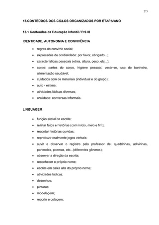 15.CONTEÚDOS DOS CICLOS ORGANIZADOS POR ETAPA/ANO
15.1 Conteúdos da Educação Infantil / Pré III
IDENTIDADE, AUTONOMIA E CONVIVÊNCIA
• regras do convívio social;
• expressões de cordialidade: por favor, obrigado...;
• características pessoais (etnia, altura, peso, etc...);
• corpo: partes do corpo, higiene pessoal, vestir-se, uso do banheiro,
alimentação saudável;
• cuidados com os materiais (individual e do grupo);
• auto - estima;
• atividades lúdicas diversas;
• oralidade: conversas informais.
LINGUAGEM
• função social da escrita;
• relatar fatos e histórias (com início, meio e fim);
• recontar histórias ouvidas;
• reproduzir oralmente jogos verbais;
• ouvir e observar o registro pelo professor de: quadrinhas, adivinhas,
parlendas, poemas, etc...(diferentes gêneros);
• observar a direção da escrita;
• reconhecer o próprio nome;
• escrita em caixa alta do próprio nome;
• atividades lúdicas;
• desenhos;
• pinturas;
• modelagem;
• recorte e colagem;
275
 