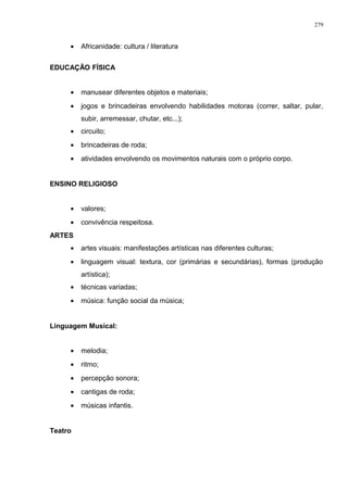 • Africanidade: cultura / literatura
EDUCAÇÃO FÍSICA
• manusear diferentes objetos e materiais;
• jogos e brincadeiras envolvendo habilidades motoras (correr, saltar, pular,
subir, arremessar, chutar, etc...);
• circuito;
• brincadeiras de roda;
• atividades envolvendo os movimentos naturais com o próprio corpo.
ENSINO RELIGIOSO
• valores;
• convivência respeitosa.
ARTES
• artes visuais: manifestações artísticas nas diferentes culturas;
• linguagem visual: textura, cor (primárias e secundárias), formas (produção
artística);
• técnicas variadas;
• música: função social da música;
Linguagem Musical:
• melodia;
• ritmo;
• percepção sonora;
• cantigas de roda;
• músicas infantis.
Teatro
279
 
