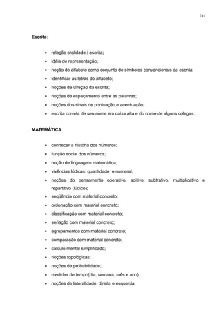 Escrita:
• relação oralidade / escrita;
• idéia de representação;
• noção do alfabeto como conjunto de símbolos convencionais da escrita;
• identificar as letras do alfabeto;
• noções de direção da escrita;
• noções de espaçamento entre as palavras;
• noções dos sinais de pontuação e acentuação;
• escrita correta de seu nome em caixa alta e do nome de alguns colegas.
MATEMÁTICA
• conhecer a história dos números;
• função social dos números;
• noção de linguagem matemática;
• vivências lúdicas: quantidade e numeral;
• noções do pensamento operativo: aditivo, subtrativo, multiplicativo e
repartitivo (lúdico);
• seqüência com material concreto;
• ordenação com material concreto;
• classificação com material concreto;
• seriação com material concreto;
• agrupamentos com material concreto;
• comparação com material concreto;
• cálculo mental simplificado;
• noções topológicas;
• noções de probabilidade;
• medidas de tempo(dia, semana, mês e ano);
• noções de lateralidade: direita e esquerda;
281
 